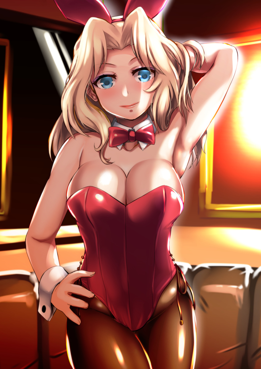 1girl absurdres animal_ears blonde_hair blue_eyes bow bowtie brown_legwear commentary_request couch cowboy_shot detached_collar fake_animal_ears girls_und_panzer hair_intakes hand_on_hip highres kay_(girls_und_panzer) leotard long_hair looking_at_viewer pantyhose playboy_bunny rabbit_ears red_leotard red_neckwear solo standing strapless strapless_leotard wrist_cuffs yellow_quokka