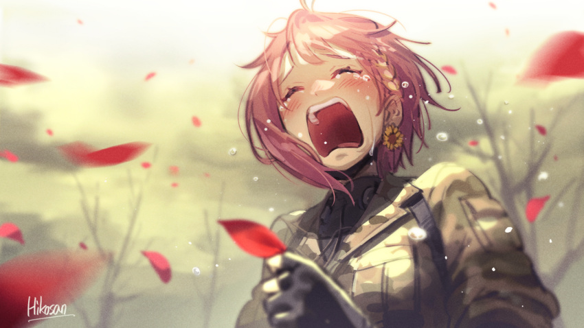 1girl artist_name bare_tree big_boss big_boss_(cosplay) black_gloves blurry blush braid camouflage closed_eyes commentary cosplay crying depth_of_field earrings fingerless_gloves flower flower_earrings gloves hikosan20216917 honma_himawari jewelry metal_gear_(series) metal_gear_solid_3 military military_uniform nijisanji open_mouth outdoors parody petals pink_hair sad short_hair signature solo sunflower tactical_clothes tree uniform upper_body virtual_youtuber