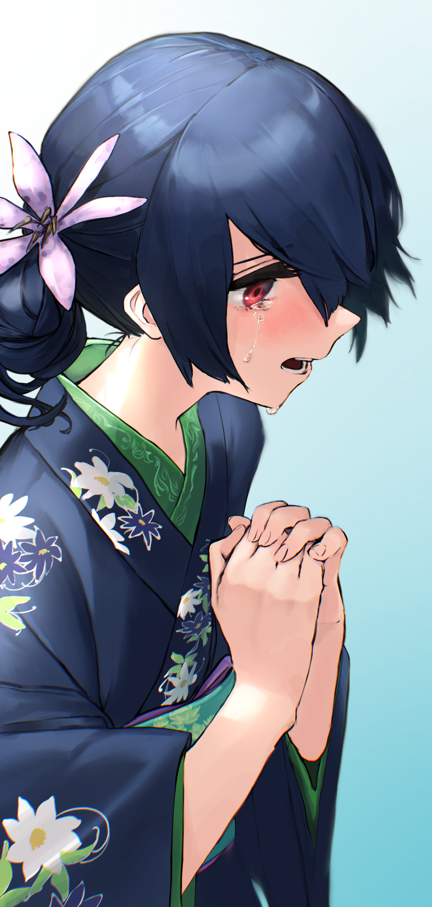 1girl absurdres blush crying crying_with_eyes_open flower hair_bun hair_flower hair_ornament hair_over_one_eye hands_clasped highres idolmaster idolmaster_shiny_colors japanese_clothes kimono morino_rinze open_mouth own_hands_together praying red_eyes seisei_tamago solo tears