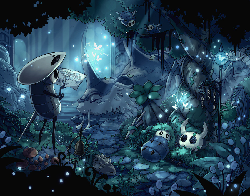 bell bug butterfly egg electricity firefly flying grass hollow_eyes hollow_knight insect knight_(hollow_knight) lance leaf lying map mask mushroom nature no_humans paper plant polearm quirrel sinsin719 sleeping standing sunlight the_last_stag tree vines weapon wings