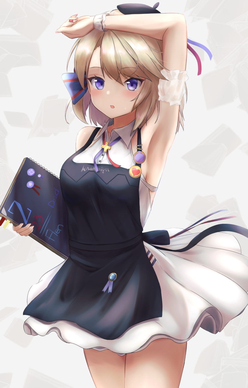 1girl amano_kusatsu apron armpits azur_lane bangs beret blonde_hair blue_apron blue_eyes blush collared_dress commentary_request cowboy_shot dress eyebrows_visible_through_hair hat highres holding holding_notebook legs_together looking_at_viewer notebook open_mouth short_hair sleeveless sleeveless_dress solo standing swept_bangs white_dress wrist_cuffs z23_(azur_lane) z23_(the_eyecatch_in_the_rye)_(azur_lane)