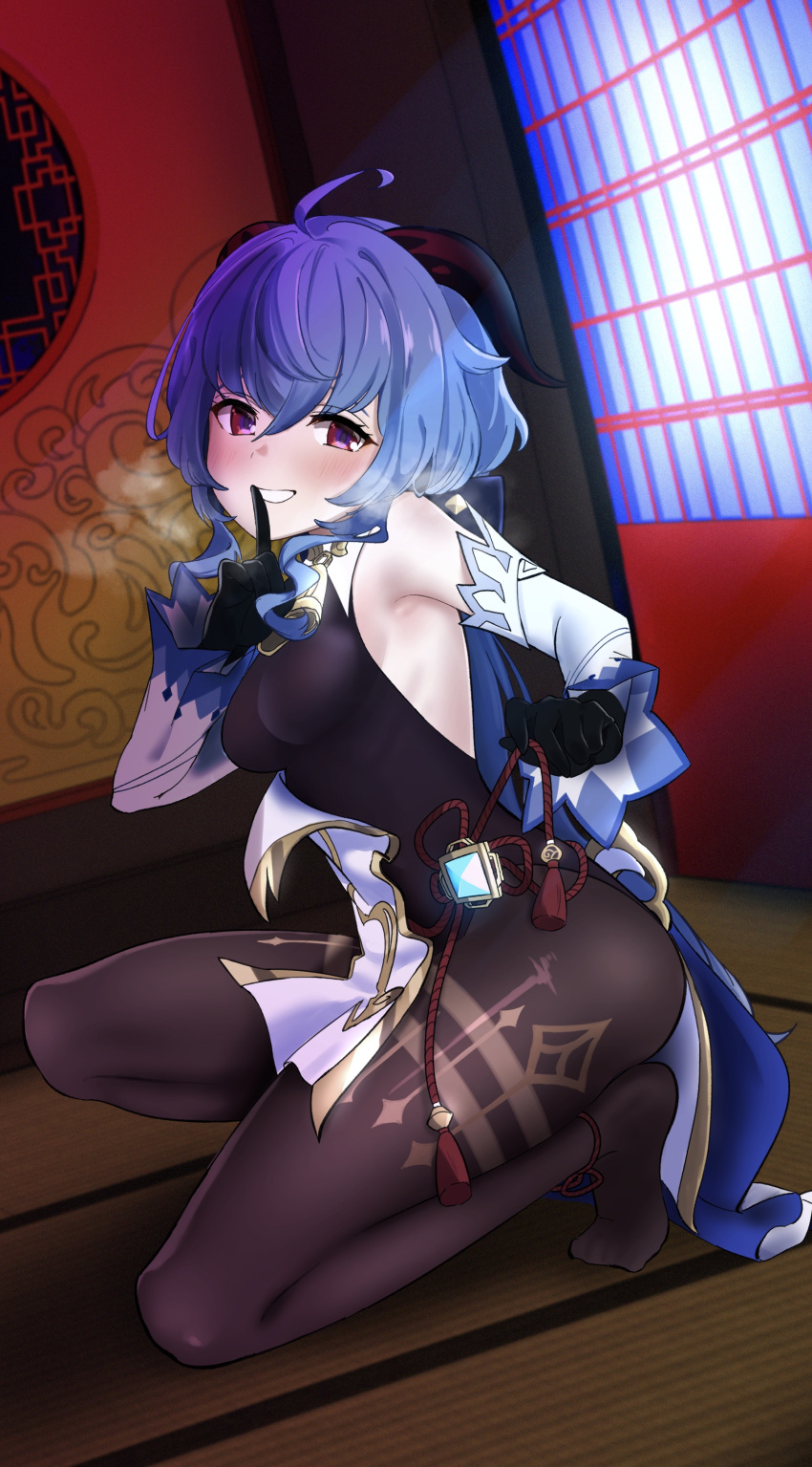 1girl :d absurdres ahoge bare_shoulders black_legwear black_leotard blush breasts detached_sleeves feet finger_to_mouth full_body ganyu_(genshin_impact) genshin_impact half-closed_eyes heavy_breathing highres horns index_finger_raised leotard long_hair long_sleeves looking_at_viewer low_ponytail naughty_face open_mouth pantyhose purple_hair red_eyes shushing sideboob sleeveless smile solo squatting teasing undressing what_a