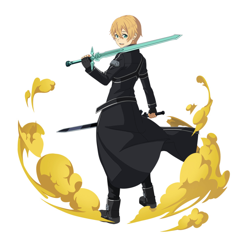 1boy :d aqua_eyes black_coat black_footwear black_gloves black_pants blonde_hair coat cosplay dual_wielding eugeo fingerless_gloves gloves highres holding holding_sword holding_weapon kirito kirito_(cosplay) long_sleeves looking_at_viewer looking_back male_focus official_art open_mouth pants short_hair smile solo sword sword_art_online sword_art_online:_memory_defrag transparent_background weapon