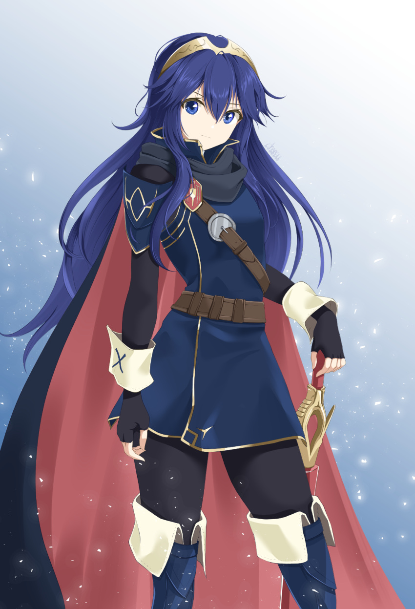 1girl bangs black_gloves black_pants blue_background blue_dress blue_eyes blue_footwear blue_hair boots chaesu closed_mouth crown dress falchion_(fire_emblem) fingerless_gloves fire_emblem fire_emblem_awakening floating_hair gloves gradient gradient_background hair_between_eyes hairband hand_on_hilt highres long_hair looking_at_viewer lucina_(fire_emblem) pants pants_under_dress shiny shiny_hair short_dress solo standing thigh-highs thigh_boots very_long_hair