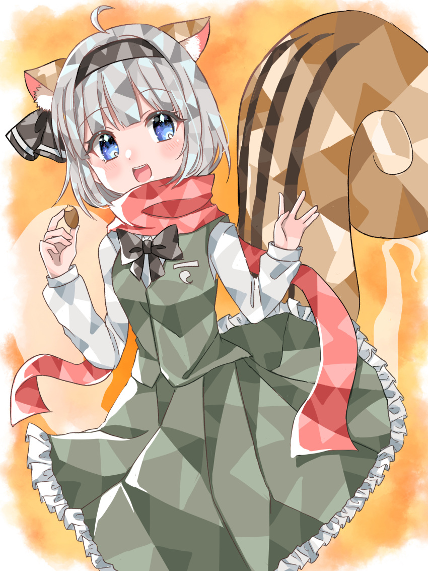 :d ahoge animal_ears black_ribbon blue_eyes bow bowtie extra_ears green_skirt green_vest hair_ribbon highres kemonomimi_mode konpaku_youmu konpaku_youmu_(ghost) nut_(food) open_mouth ribbon riruku scarf shirt skirt smile squirrel_ears squirrel_tail tail touhou vest white_shirt