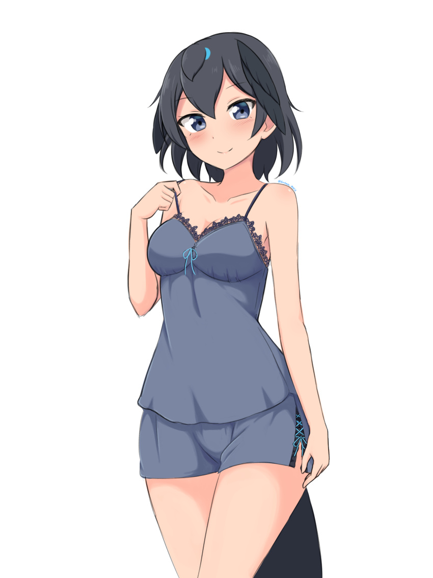 1girl absurdres alternate_costume arm_at_side bangs bare_arms bare_shoulders black_hair blue_eyes blush boyshort_panties breasts camisole collarbone greater_lophorina_(kemono_friends) grey_camisole grey_panties hair_between_eyes hand_up head_wings highres kemono_friends looking_at_viewer medium_breasts medium_hair panties shiraha_maru simple_background smile solo spaghetti_strap strap_pull tail twitter_username underwear underwear_only white_background