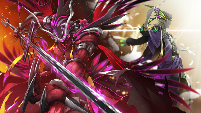 2boys antonio_salieri_(fate/grand_order) baton_(instrument) claws embers fate/grand_order fate_(series) feathers glowing glowing_sword glowing_weapon hat light long_hair male_focus mask multiple_boys smile weapon wolfgang_amadeus_mozart_(fate/grand_order) zb