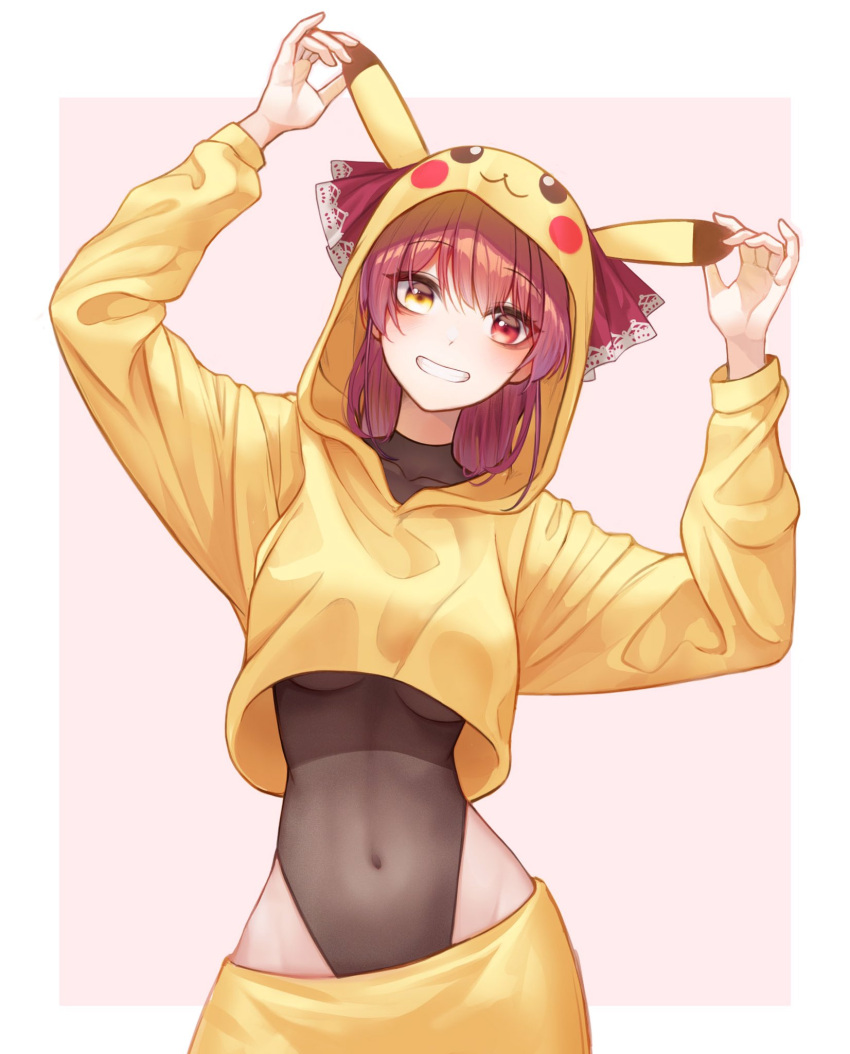 1girl :3 :d arms_up bangs black_leotard blush breasts collarbone commentary_request cosplay covered_navel cowboy_shot crop_top eyebrows_visible_through_hair gen_1_pokemon grin highres hololive houshou_marine leotard leotard_under_clothes long_hair long_sleeves looking_at_viewer medium_breasts no_eyepatch oni0417 open_mouth pikachu pikachu_(cosplay) pikachu_costume pink_background pokemon purple_hair red_eyes smile solo teeth two-tone_background under_boob yellow_eyes