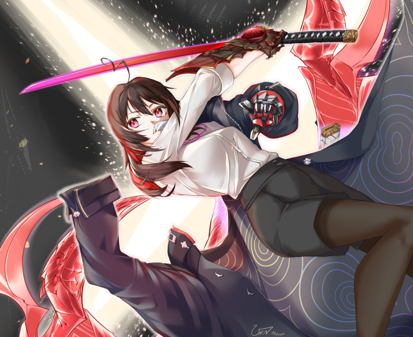 1girl ahoge black_coat black_shorts boots breasts brown_hair brown_legwear card_in_mouth cinders coat cropped demon_wings devil_bringer devil_may_cry devil_trigger dress_shirt enma-chan falling full_body gauntlets glowing highres holding holding_sword holding_weapon hololive hololive_english id_card katana looking_to_the_side medium_breasts mouth_hold multicolored_hair oni_gauntlet onimusha pantyhose photo_background red_eyes red_sword redhead reference_request removing_coat shining shirt shorts sleeves_folded_up solo starry_background sword two-tone_hair uhen virtual_youtuber weapon white_shirt wings