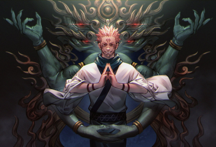 1boy akakokko_(niro_azarashi) blue_scarf bracelet brown_hair extra_eyes facial_tattoo fingers_together hand_gesture highres itadori_yuuji japanese_clothes jewelry jujutsu_kaisen kimono long_sleeves looking_at_viewer male_focus pink_hair red_eyes ryoumen_sukuna_(jujutsu_kaisen) scarf short_hair smile solo spiky_hair tagme tattoo undercut white_kimono