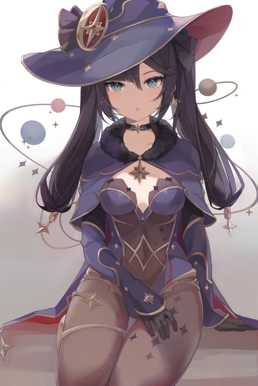 1girl :o absurdres aqua_eyes black_legwear blue_legwear breasts cape choker earrings fur_trim genshin_impact gloves hair_ornament half-closed_eyes hat hat_ornament highres jewelry leotard long_hair long_sleeves looking_at_viewer mage mona_(genshin_impact) open_mouth pantyhose purple_hair saibe sitting small_breasts solo star_(symbol) star_choker star_earrings star_hair_ornament star_hat_ornament twintails witch_hat