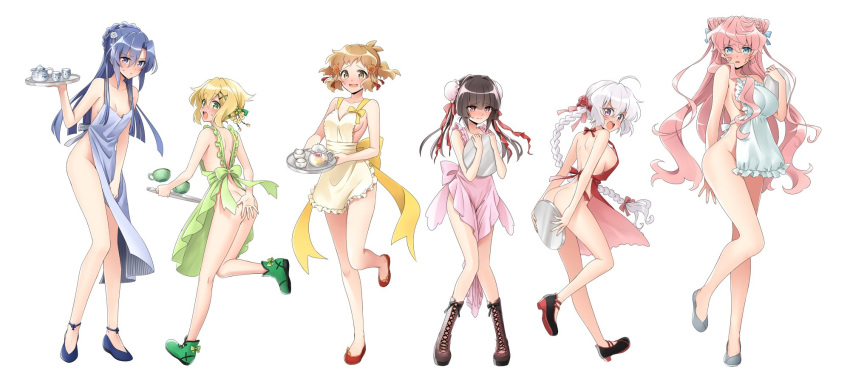 6+girls ahoge akatsuki_kirika apron black_hair blonde_hair blue_hair blush braid breasts bun_cover highres kazanari_tsubasa lanlanlap large_breasts light_brown_hair long_hair maria_cadenzavna_eve medium_breasts multiple_girls naked_apron pink_hair senki_zesshou_symphogear silver_hair tachibana_hibiki_(symphogear) tea_set tray tsukuyomi_shirabe white_background yukine_chris