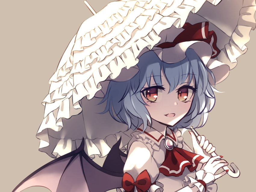 1girl ascot bat_wings beige_background blue_hair blush bow brooch dise dress eyebrows_visible_through_hair flat_chest hat hat_bow holding holding_umbrella jewelry looking_at_viewer mob_cap open_mouth puffy_short_sleeves puffy_sleeves red_bow red_nails red_neckwear remilia_scarlet short_hair short_sleeves simple_background smile solo symbol_commentary touhou umbrella upper_body white_dress white_headwear wings wrist_cuffs