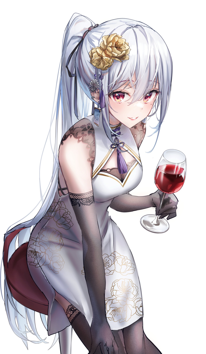 1girl absurdres bangs blush breasts dress earrings flower gloves grey_hair hair_flower hair_ornament highres jewelry long_hair looking_at_viewer nagul off-shoulder_dress off_shoulder original ponytail red_eyes smile solo thigh-highs very_long_hair white_background