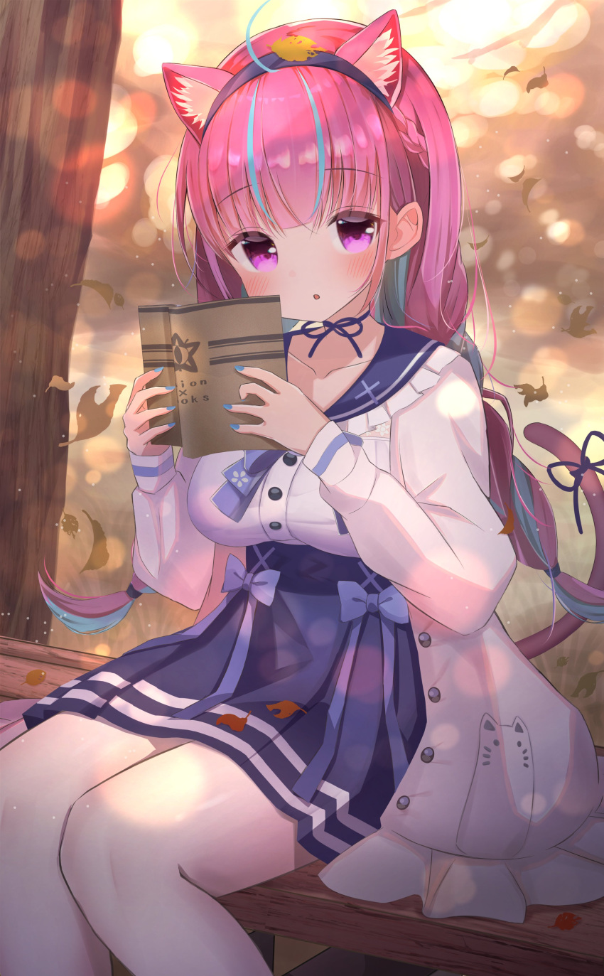 1girl absurdres ahoge animal_ear_fluff animal_ears animal_print bench blue_hair blue_nails blush book breasts cardigan cat_ears cat_print cat_tail collarbone eyebrows_visible_through_hair hazuki_lime highres holding holding_book hololive large_breasts leaf legs long_hair looking_at_viewer minato_aqua multicolored_hair pleated_skirt purple_hair reading school_uniform serafuku sitting_on_bench skirt solo streaked_hair tail twintails two-tone_hair violet_eyes virtual_youtuber