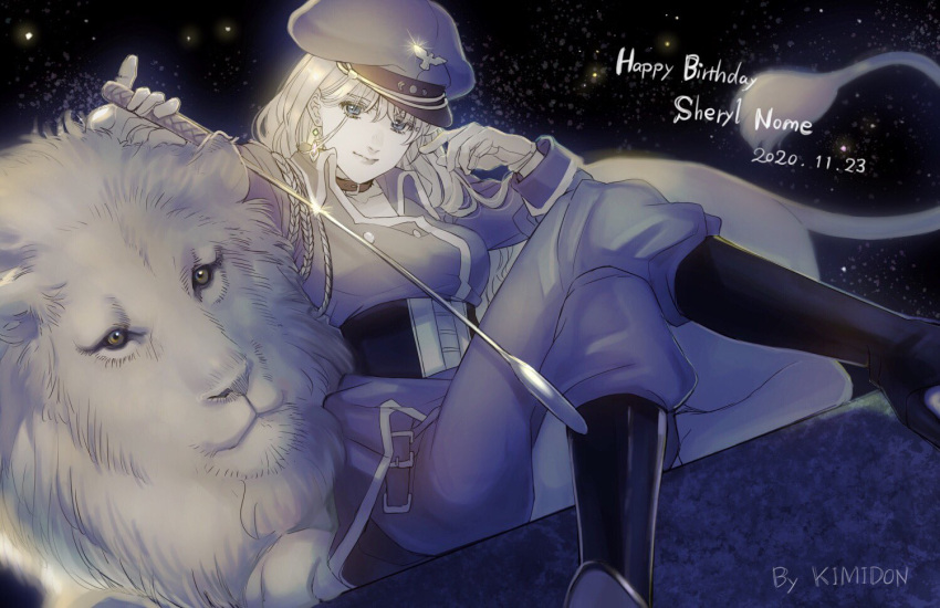 1girl artist_name blue_eyes character_name corset dated happy_birthday hat holding holding_whip kimidori_(kimidoriri) lion long_hair looking_at_viewer macross macross_frontier monochrome sheryl_nome sitting smile solo spot_color uniform