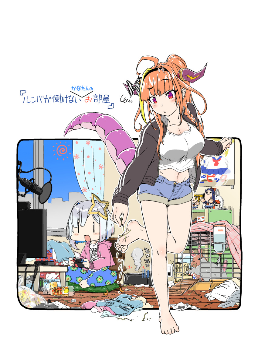 2girls ahoge amane_kanata barefoot breasts cage casual denim denim_shorts doukyo's dragon_horns dragon_tail figure halo highres hololive hood hoodie horns jacket kiryuu_coco large_breasts laundry_basket long_hair messy_room microphone midriff moroyan multiple_girls navel nintendo_switch orange_hair pipimi playing_games ponytail poptepipic popuko poster_(object) rabbit roomba shorts silver_hair sitting straw_(stalk) tail television track_jacket trash_bag