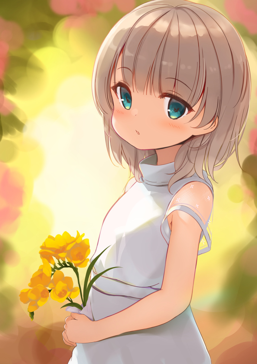 1girl bangs brown_hair commentary_request dress eyebrows_visible_through_hair flower green_eyes highres holding holding_flower long_hair looking_at_viewer original parted_lips see-through see-through_sleeves short_sleeves solo tsumiki_akeno upper_body white_dress yellow_flower