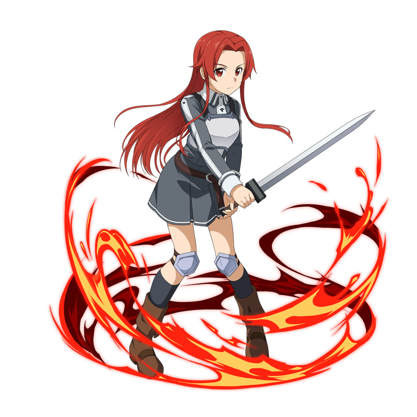 1girl black_legwear boots breastplate brown_footwear closed_mouth collared_dress dress floating_hair full_body grey_dress hair_intakes highres holding holding_sword holding_weapon kneehighs leaning_forward long_hair long_sleeves official_art pleated_dress red_eyes redhead shiny shiny_hair short_dress solo stance standing sword sword_art_online sword_art_online:_memory_defrag sword_mastery_academy_uniform tiese_schtrinen transparent_background very_long_hair weapon wing_collar