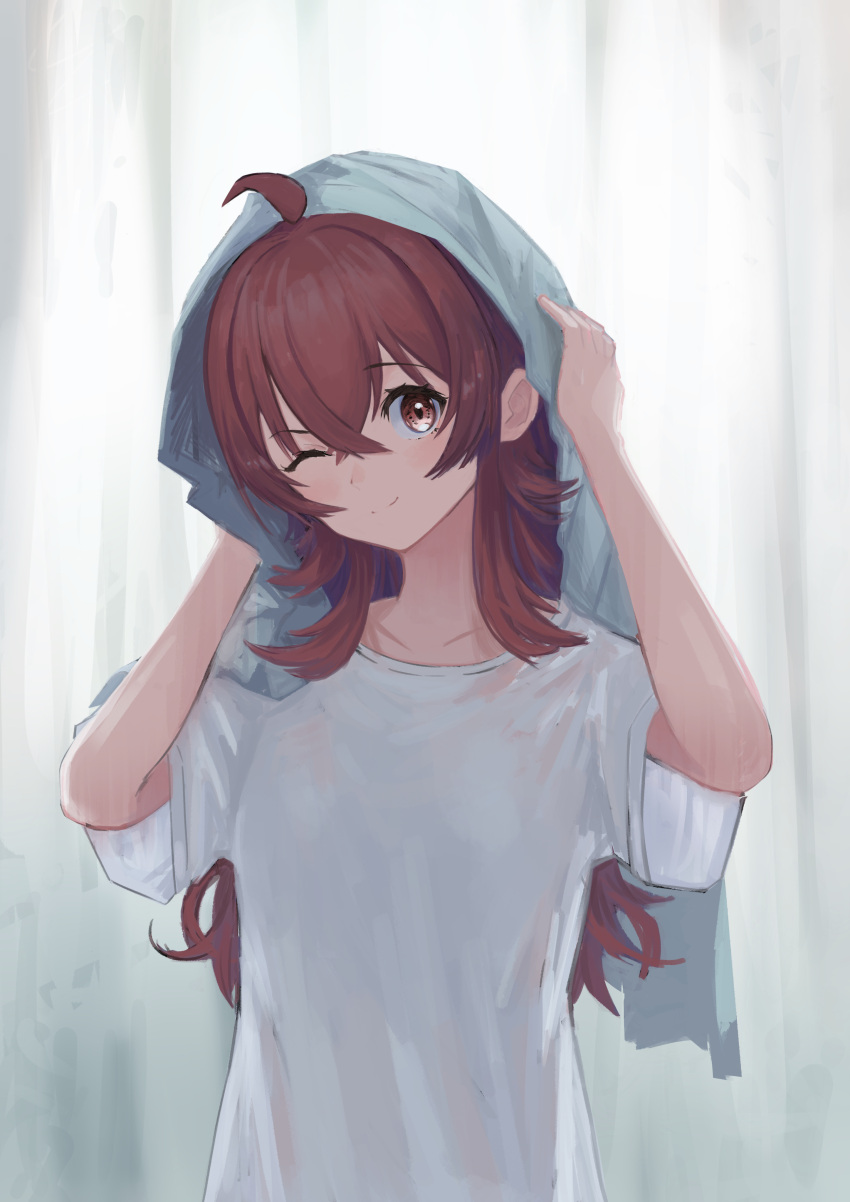 1girl absurdres ahoge artist_request commentary_request curtains drying drying_hair highres idolmaster idolmaster_shiny_colors komiya_kaho long_hair looking_at_viewer one_eye_closed red_eyes redhead shirt short_sleeves solo t-shirt towel upper_body white_shirt