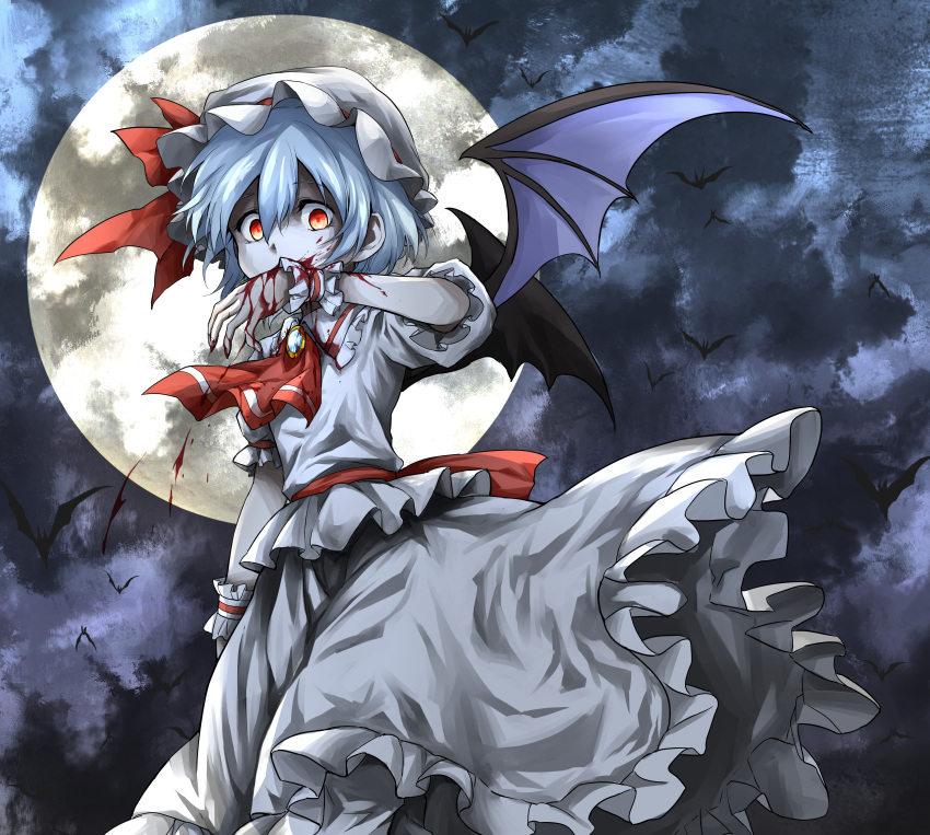 1girl absurdres ascot bat bat_wings blood bloody_clothes bloody_hands brooch commentary_request dark_background flat_chest frilled_shirt frilled_skirt frills full_moon hair_between_eyes hat highres jewelry looking_at_viewer mob_cap moon night puffy_short_sleeves puffy_sleeves purple_hair red_eyes red_neckwear remilia_scarlet shimoda_masaya shirt short_hair short_sleeves skirt solo touhou white_headwear white_shirt white_skirt wings wrist_cuffs