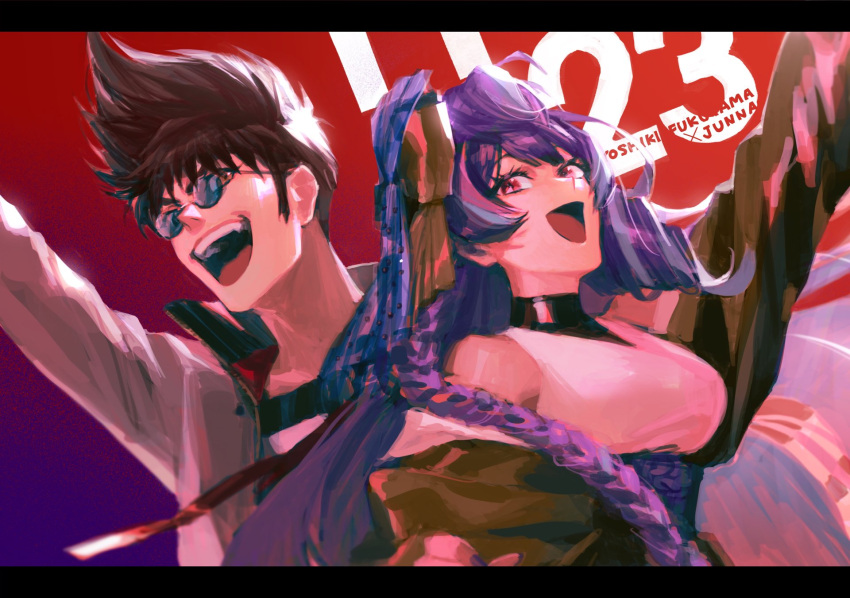 1boy 1girl breasts brown_hair dated fang glasses happy_birthday highres jacket looking_down looking_to_the_side macross macross_7 macross_delta medium_breasts mikumo_guynemer mosako nekki_basara off-shoulder_jacket open_mouth purple_hair red_eyes round_eyewear symbol_commentary yellow_eyes