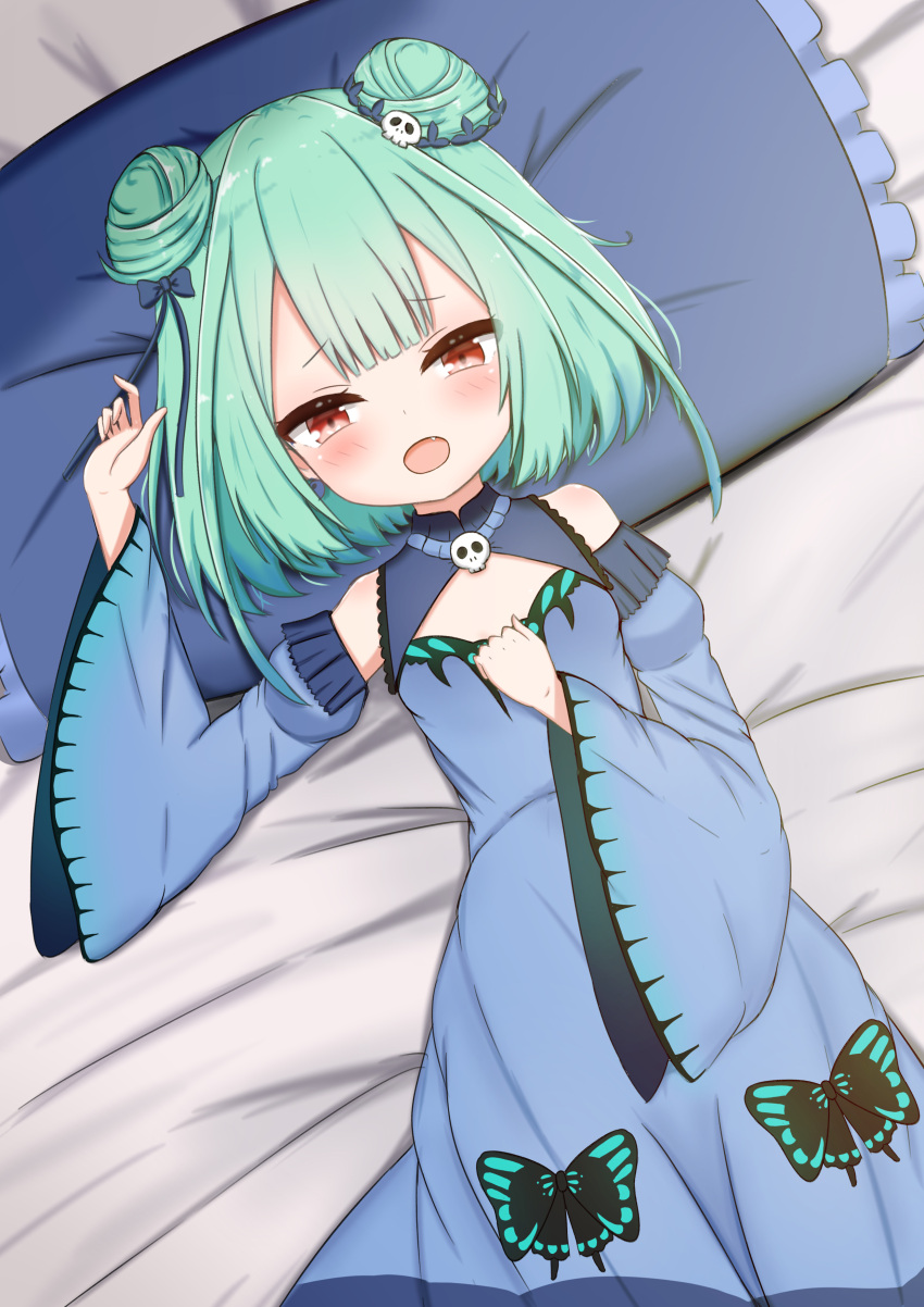 1girl absurdres arm_up bangs bed_sheet blue_bow blue_dress blue_sleeves blush bow commentary_request detached_sleeves double_bun dress eyebrows_visible_through_hair fang frilled_pillow frills green_hair hair_bow hair_ornament hand_up highres hololive jiu_(sdesd3205) juliet_sleeves long_sleeves looking_at_viewer lying on_back open_mouth pillow puffy_sleeves red_eyes skull_hair_ornament sleeveless sleeveless_dress solo uruha_rushia virtual_youtuber wide_sleeves