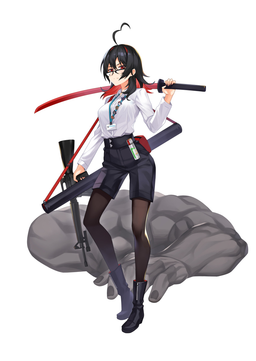 1girl absurdres ahoge ankle_boots bangs black-framed_eyewear black_footwear black_hair black_legwear black_shorts boots breasts closed_mouth collared_shirt enma-chan full_body glasses highres holding holding_weapon hololive hololive_english id_card katana legwear_under_shorts long_hair long_sleeves looking_at_viewer mk_(lazymk) multicolored_hair pantyhose red_eyes redhead semi-rimless_eyewear shirt shorts solo standing sword virtual_youtuber weapon white_background white_shirt