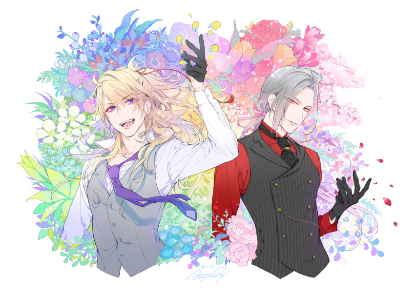 2boys ahoge arm_up asajima_yoshiyuki black_gloves blonde_hair blue_eyes blue_flower closed_eyes collarbone commentary cropped_torso daihannya_nagamitsu_(touken_ranbu) double-breasted fangs floral_background flower formal gloves grey_hair hair_ornament hair_ribbon half_gloves hand_up highres jacket kouryuu_kagemitsu long_hair long_sleeves looking_at_viewer loose_necktie male_focus multiple_boys necktie open_mouth outstretched_hand petals ponytail print_neckwear red_flower ribbon shirt signature silver_hair smile striped touken_ranbu vest violet_eyes white_shirt