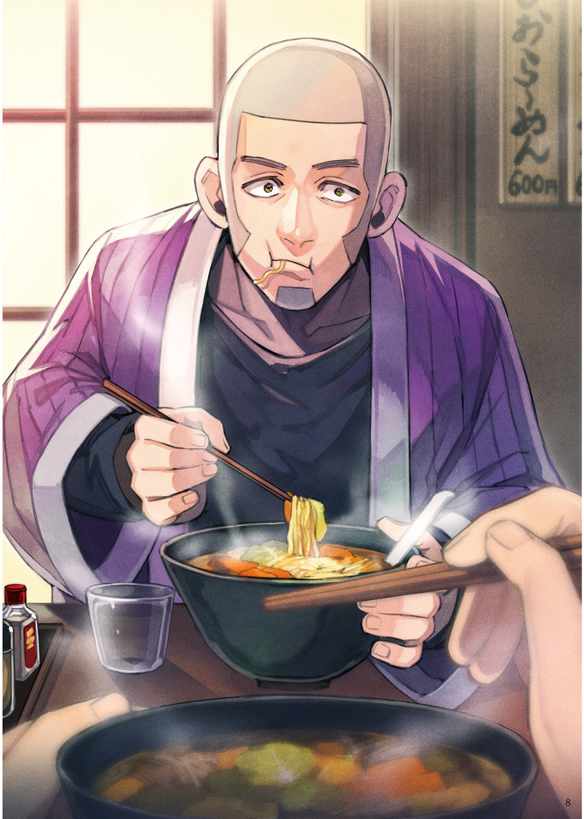 1boy beard bowl buzz_cut chopsticks cup eating facial_hair food golden_kamuy grey_hair hands highres indoors kyosuke looking_at_viewer male_focus noodles page_number ramen scan shiraishi_yoshitake table wide_sleeves window