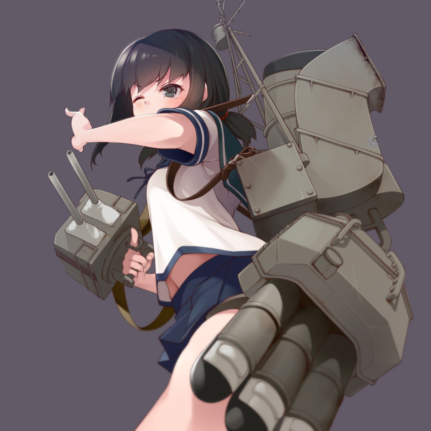 1girl black_hair blue_skirt cannon from_below fubuki_(kantai_collection) green_eyes grey_background highres kantai_collection low_ponytail machinery mofu_namako one_eye_closed pleated_skirt ponytail school_uniform serafuku short_ponytail sidelocks simple_background skirt solo torpedo_tubes turret