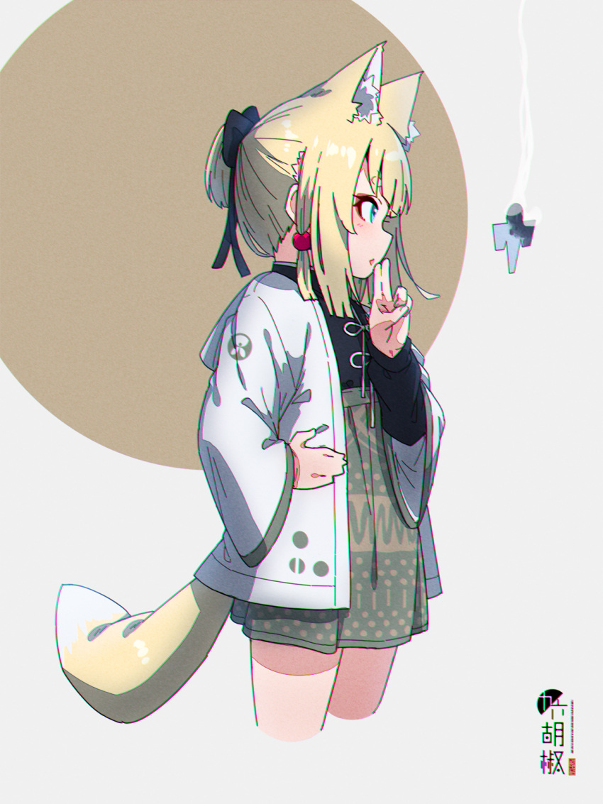 1girl animal_ears bangs black_bow black_shirt blonde_hair bow brown_background commentary_request cropped_legs eyebrows_visible_through_hair fox_ears fox_girl fox_tail from_side green_eyes green_skirt grey_background hair_bow hand_on_hip hand_up high-waist_skirt highres jacket kuro_kosyou long_sleeves looking_away open_clothes open_jacket original pleated_skirt ponytail profile shikigami shirt sidelocks skirt solo tail two-tone_background white_jacket wide_sleeves