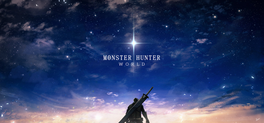 1boy btmr_game clouds copyright_name from_behind male_focus monster_hunter monster_hunter:_world night night_sky outdoors over_shoulder scenery sky solo sparkle star_(sky) starry_sky sword weapon weapon_over_shoulder
