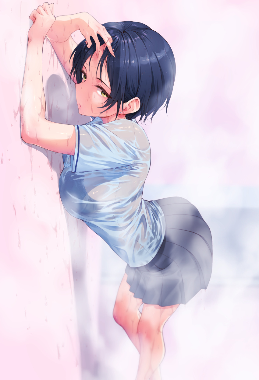 1girl absurdres bangs black_bra blue_hair bra breasts hayami_kanade highres huge_filesize idolmaster idolmaster_cinderella_girls medium_breasts momihige pleated_skirt shirt short_hair skirt solo underwear wet wet_clothes white_background yellow_eyes