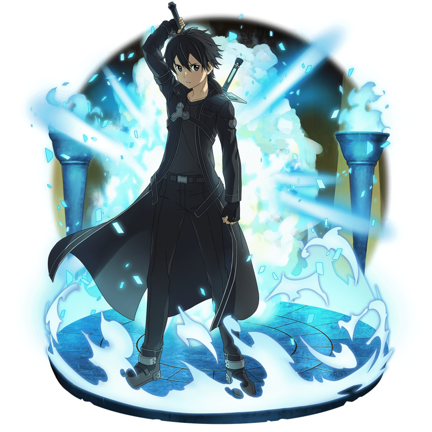 1boy arm_up bangs black_coat black_eyes black_footwear black_gloves black_hair black_pants black_shirt coat collarbone faux_figurine fingerless_gloves full_body gloves hair_between_eyes highres holding holding_sword holding_weapon kirito looking_at_viewer male_focus official_art pants parted_lips shirt short_hair solo standing sword sword_art_online sword_art_online:_memory_defrag transparent_background weapon