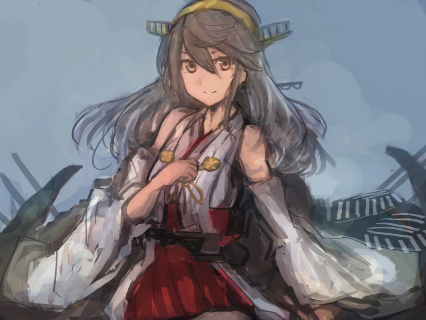 1girl bangs bare_shoulders blue_background breasts brown_eyes detached_sleeves grey_hair hair_between_eyes hand_on_own_chest haruna_(kantai_collection) headgear highres japanese_clothes kantai_collection long_hair moor nontraditional_miko red_skirt rigging simple_background skirt smile solo