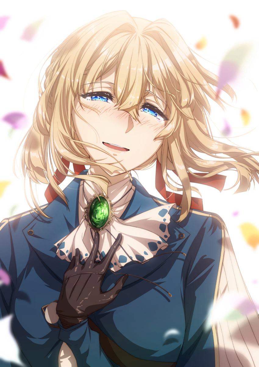 1girl ascot bangs black_gloves blonde_hair blue_eyes blue_jacket blush braid brooch cape cluseller commentary_request emerald_(gemstone) eyebrows_visible_through_hair gem gloves hair_ribbon half-closed_eyes hand_on_own_chest hand_up happy highres jacket jewelry long_sleeves looking_at_viewer nose_blush open_mouth petals red_ribbon ribbon shiny shiny_hair simple_background smile solo tears teeth tied_hair upper_body violet_evergarden violet_evergarden_(character) white_background white_cape white_neckwear