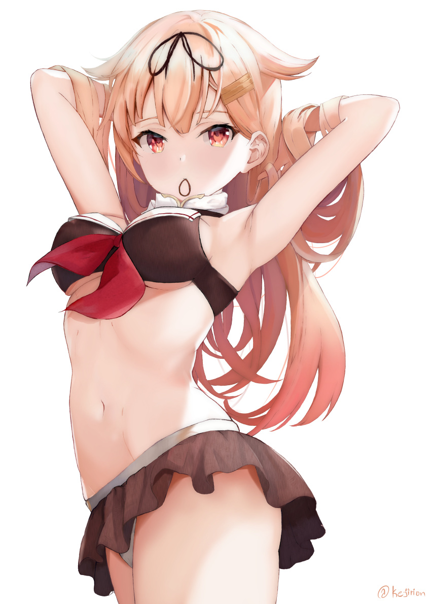 1girl absurdres adapted_costume bikini bikini_skirt black_bikini black_ribbon black_skirt blonde_hair breasts cowboy_shot hair_flaps hair_ornament hair_ribbon hairclip hands_in_hair highres kantai_collection kejirion long_hair medium_breasts mouth_hold navel pleated_skirt red_eyes remodel_(kantai_collection) ribbon simple_background skirt solo swimsuit twitter_username white_background yuudachi_(kantai_collection)