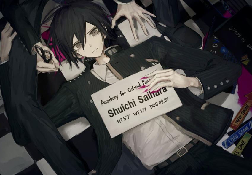 2boys belt black_footwear black_hair black_jacket black_pants brown_belt brown_eyes character_name checkered checkered_floor collared_shirt dangan_ronpa dress_shirt expressionless hair_between_eyes holding holding_scissors holding_sign iumi_urura jacket long_sleeves looking_at_viewer lying male_focus multiple_boys new_dangan_ronpa_v3 on_back pants saihara_shuuichi scissors shirt shirt_tucked_in sign solo_focus striped striped_jacket striped_pants tiles white_shirt