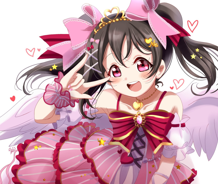 1girl \m/ angel_wings arm_up armpits bangs bare_shoulders black_hair blush bow brooch commentary detached_sleeves dot_nose dress frilled_dress frills hair_bow hair_ornament heart heart_hair_ornament heart_necklace highres jewelry layered_dress looking_at_viewer love_live! necklace open_mouth pink_bow pink_dress pink_eyes puffy_short_sleeves puffy_sleeves ranemu red_bow short_hair short_sleeves signature simple_background smile solo spaghetti_strap tiara twintails upper_body upper_teeth white_background wings wrist_cuffs x_hair_ornament yazawa_nico