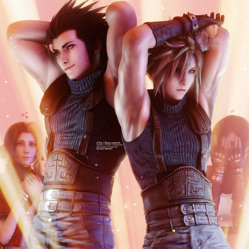 2boys 2girls aerith_gainsborough armpits arms_behind_head aroused belt black_hair blonde_hair blue_eyes breasts cloud_strife covering_face final_fantasy final_fantasy_vii final_fantasy_vii_remake gloves green_eyes hair_ribbon hands_up heart highres long_hair multiple_boys multiple_girls muscle name_tag pose ria_(baka-neearts) ribbon scar scar_on_face shy sparkle spiky_hair spotlight tifa_lockhart uniform zack_fair