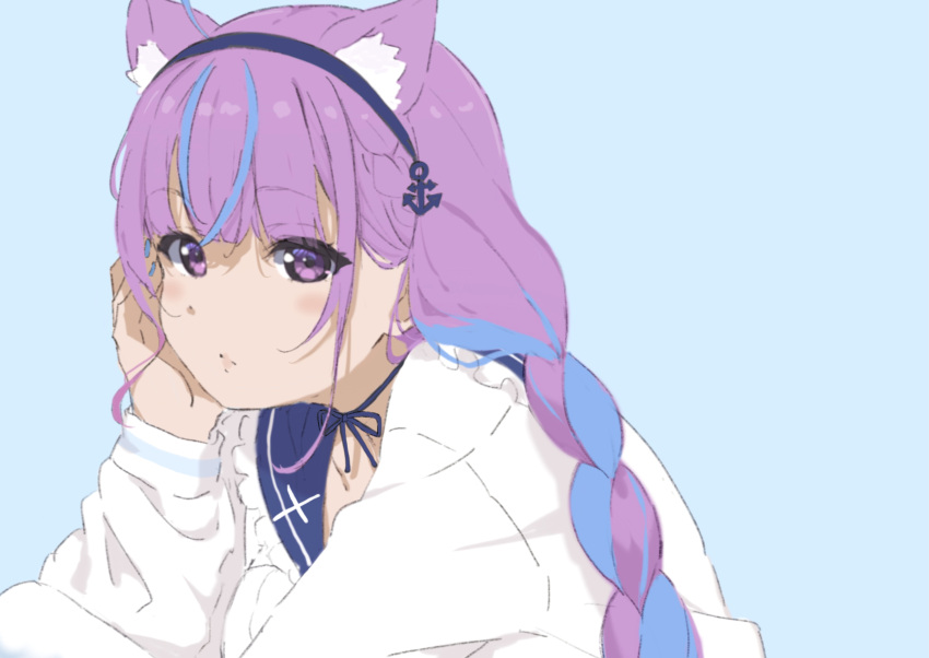 1girl ahoge black_hairband blue_background blue_hair blue_sailor_collar braid chin_rest closed_mouth hairband highres hololive icehotmilktea long_hair long_sleeves looking_at_viewer minato_aqua multicolored_hair puffy_long_sleeves puffy_sleeves purple_hair sailor_collar shirt simple_background sleeves_past_wrists solo two-tone_hair upper_body violet_eyes virtual_youtuber white_shirt