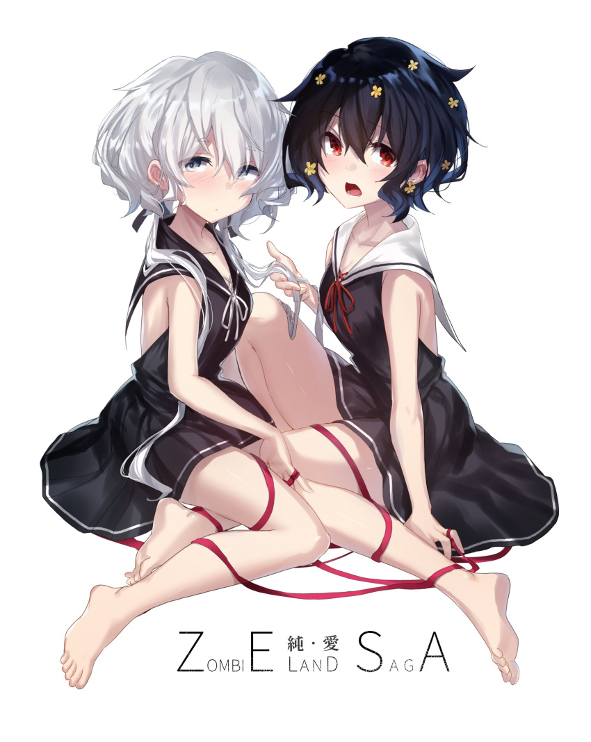 2girls absurdres arm_support backless_outfit backless_school_uniform barefoot black_hair blush collarbone copyright_name dangle_earrings earrings flower flower_earrings grey_eyes hair_flower hair_ornament highres holding_another's_hair invisible_floor jewelry knee_up konno_junko legs looking_at_viewer low_twintails mizuno_ai multiple_girls open_mouth red_eyes red_ribbon ribbon sailor_collar school_uniform serafuku short_hair short_hair_with_long_locks simple_background sitting thighs twintails wavy_hair white_background xiaowei_(xxx29042536) yokozuwari zombie_land_saga
