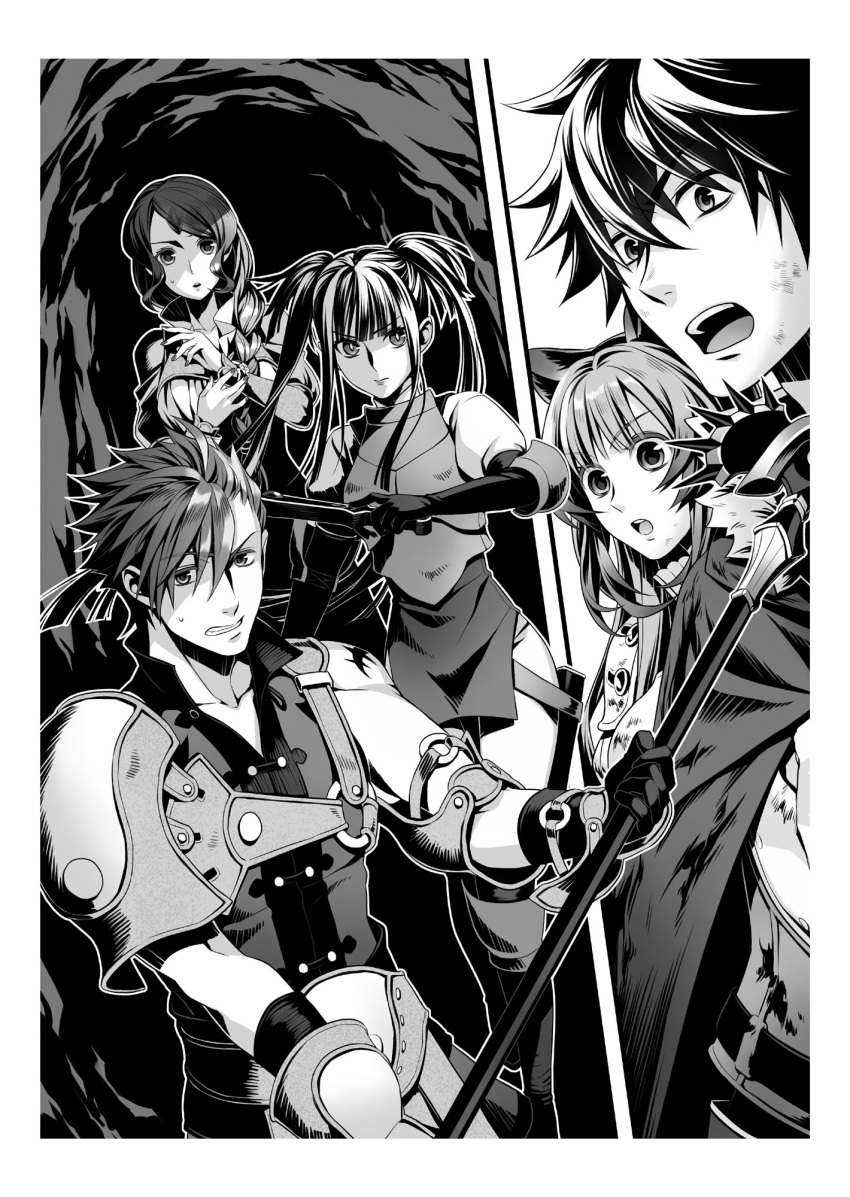 2boys 3girls animal_ears armor bangs border bracelet braid braided_ponytail breastplate bruise bruise_on_face clenched_teeth elbow_gloves fan glass_(tate_no_yuusha_no_nariagari) gloves greyscale hair_over_shoulder highres holding holding_fan holding_scythe injury iwatani_naofumi jewelry l'arc_berg_sickle long_hair minami_seira monochrome multiple_boys multiple_girls novel_illustration official_art open_mouth outside_border pants ponytail raccoon_ears raccoon_girl raphtalia scythe shoulder_armor split_screen sweatdrop swept_bangs tate_no_yuusha_no_nariagari teeth therese_alexanderite twintails white_border