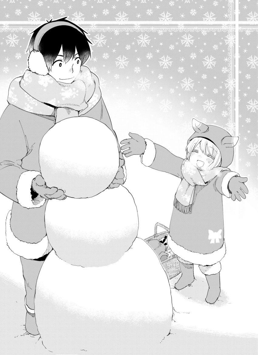 1boy 1girl :d basket blush boots breath child closed_mouth coat dale_lecky earmuffs fur-trimmed_boots fur_trim gloves greyscale hands_up highres hota latina_(uchi_no_musume_no_tame_naraba) long_sleeves monochrome nose_blush open_mouth pants scarf short_hair smile snow snowflake_background snowman standing uchi_no_musume_no_tame_naraba_ore_wa_moshikashitara_maou_mo_taoseru_kamo_shirenai.