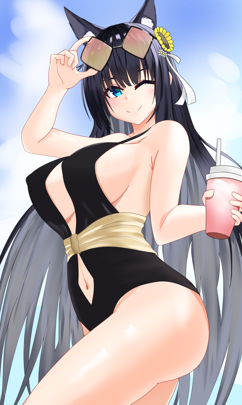 1girl absurdres animal_ears azur_lane backless_swimsuit black_swimsuit blue_eyes blue_sky breasts clothing_cutout cup disposable_cup eyewear_on_head flower hair_flower hair_ornament highres kii_(azur_lane) kii_(poolside_persuasion)_(azur_lane) large_breasts long_hair looking_at_viewer navel_cutout one_eye_closed sideboob sky smile solo sunflower_hair_ornament sunglasses swimsuit tinted_eyewear very_long_hair yuuki_atori