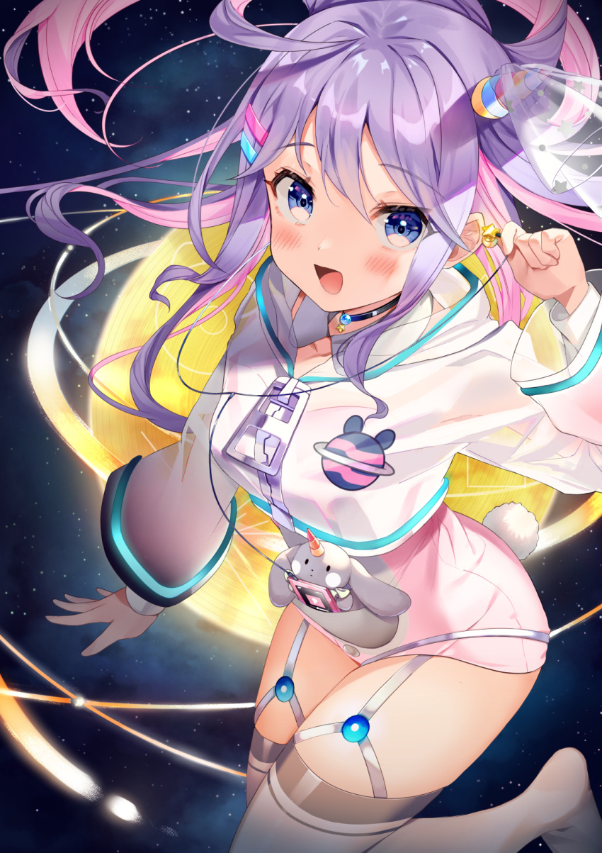 1girl :d blue_eyes blush bunny_tail choker commentary_request earphones earphones fake_horns garter_straps highres horns indie_virtual_youtuber jewelry kanda_done leotard long_hair looking_at_viewer micosmic_baby multicolored_hair necklace open_mouth pink_hair pink_leotard planet purple_hair see-through see-through_jacket sky smile solo space star_(sky) starry_sky tail thigh-highs thighs virtual_youtuber white_legwear wide_sleeves zipper zipper_pull_tab