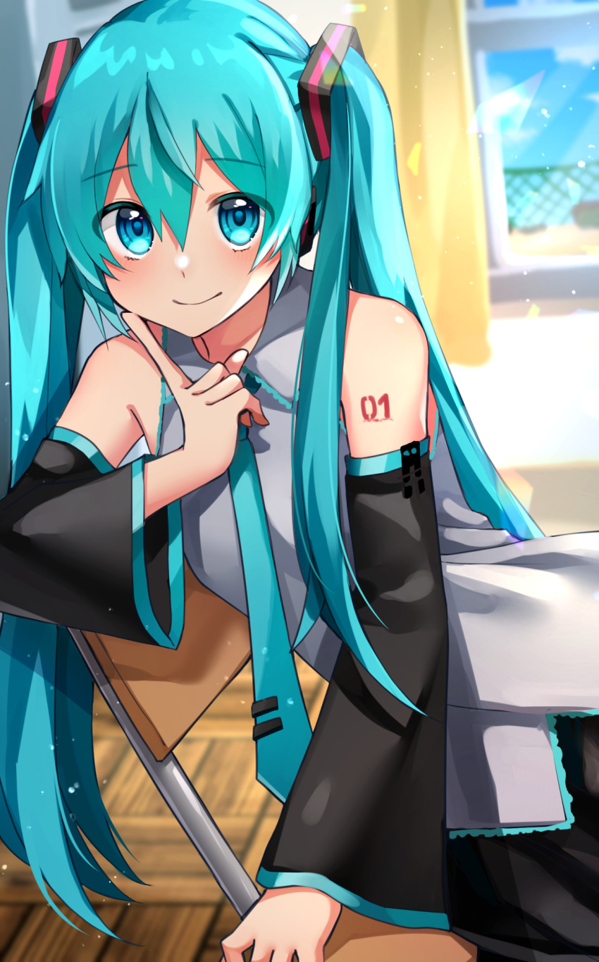 1girl aqua_eyes aqua_hair aqua_neckwear bare_shoulders black_skirt black_sleeves chair commentary curtains day detached_sleeves finger_to_cheek grey_shirt hair_ornament hatsune_miku headphones highres index_finger_raised indoors katsuobushi_(eba_games) leaning_to_the_side locker long_hair looking_at_viewer necktie pleated_skirt shirt shoulder_tattoo sitting skirt sleeveless sleeveless_shirt smile solo tattoo twintails upper_body very_long_hair vocaloid window wooden_floor