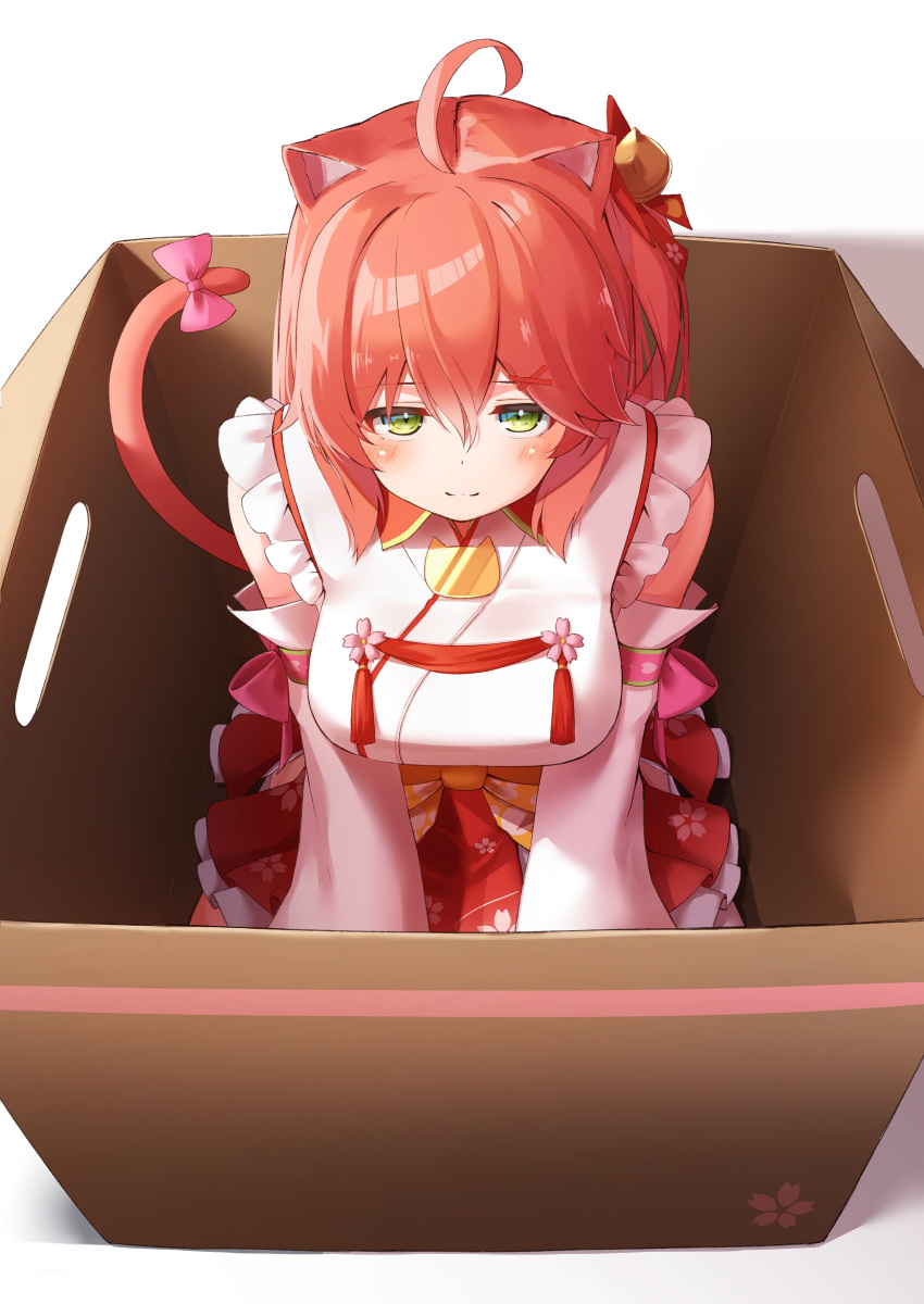 1girl absurdres ahoge animal_ears arm_support blush bow box breasts cardboard_box cat_ears cat_tail cherry_blossoms commentary_request detached_sleeves green_eyes highres hololive in_box in_container japanese_clothes kimono large_breasts light_smile looking_at_viewer nyan_(reinyan_007) red_skirt red_tassel redhead sakura_miko seiza sitting skirt solo tail tail_bow