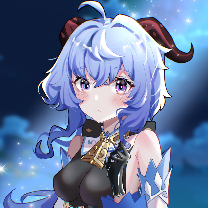 1girl ahoge bare_shoulders bell blush breasts clouds detached_sleeves eyebrows_visible_through_hair ganyu_(genshin_impact) genshin_impact gloves hand_in_hair highres horns long_sleeves looking_at_viewer low_ponytail night night_sky purple_hair sky sleeveless solo sparkle upper_body violet_eyes